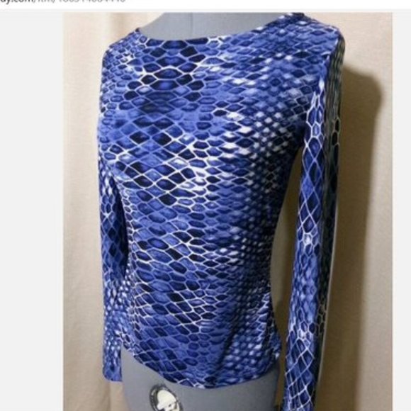 Snakeskin print Jersey T-shirt blouse XS Blue Black design Boat neck Long sleeve - Picture 4 of 9
